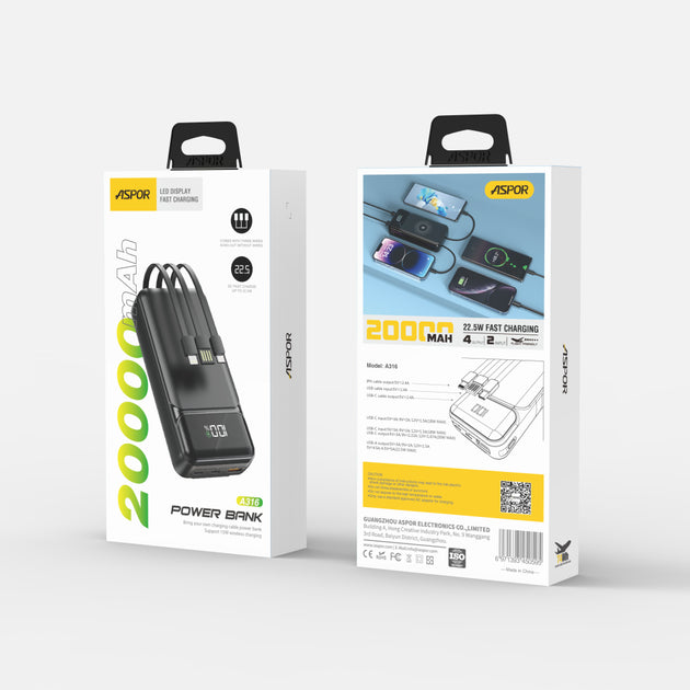 Aspor A316 20000mah Fast Charge 22.5W Power Bank with 3in1 Cables